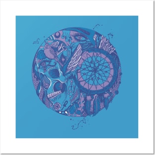 Mountain Blue Skull and Dreamcatcher Circle Posters and Art